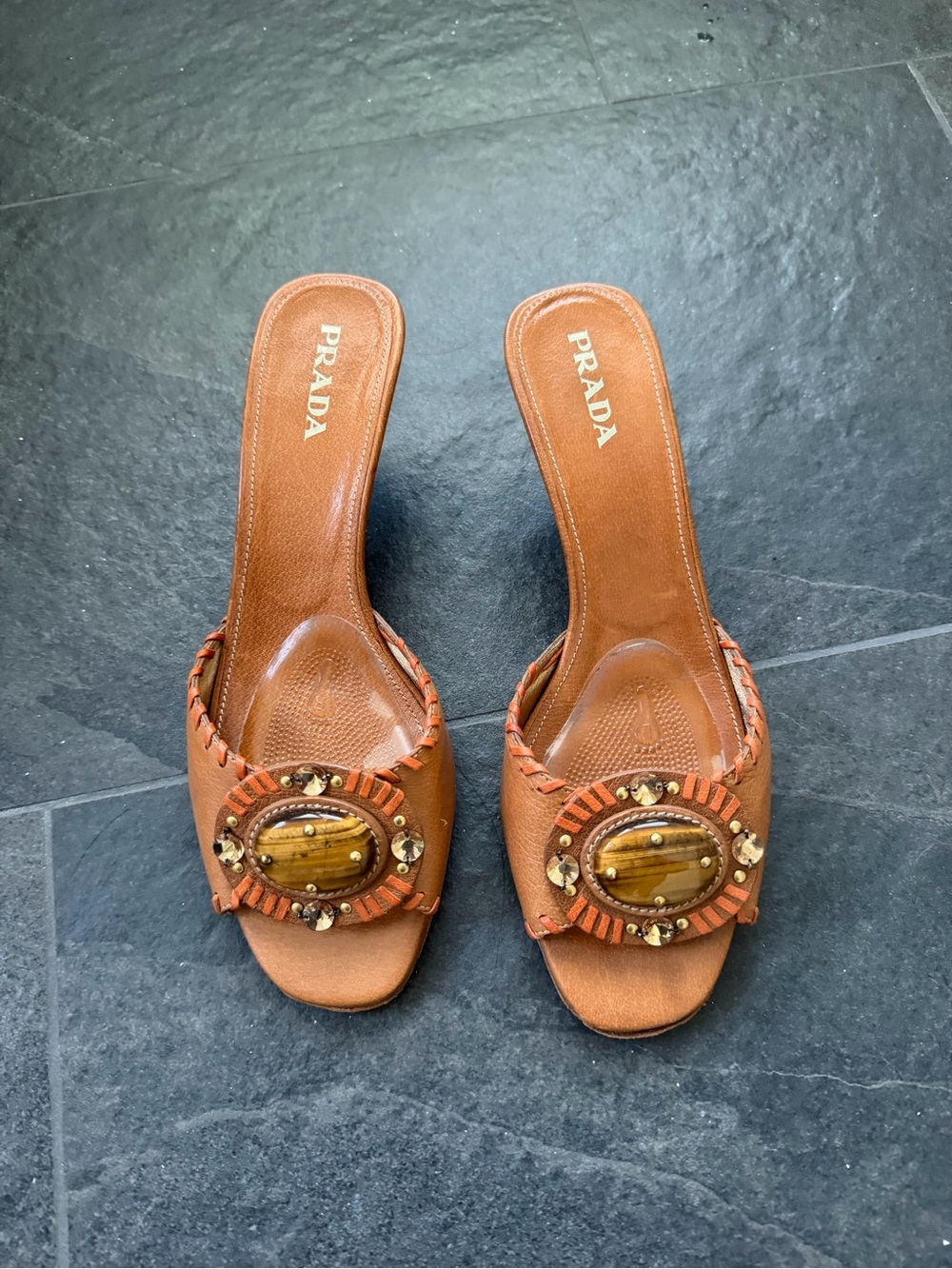 Prada Women’s tiger’s eye Tan Leather Embellished kitten heel sandals